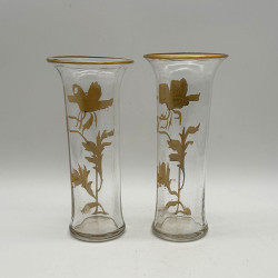 A Pair Old Baccarat Glass Vases, Guilded with Floral Pattern