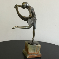 Art Deco Josef Lorenzl Bronze Figure, Cold painted and Silverd on Onyx Base