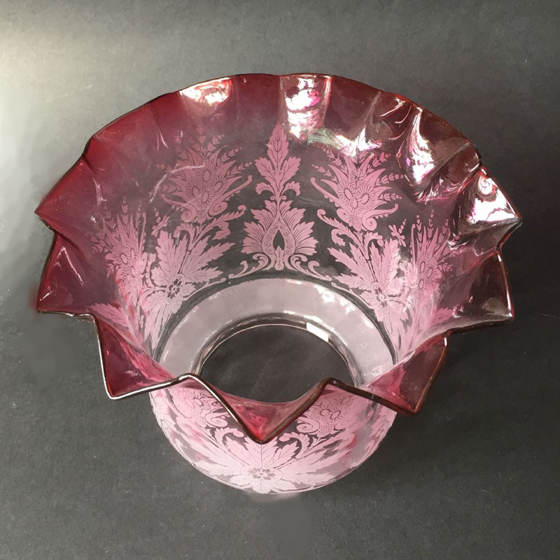 Oil lamp Cranberry Glass Shade acid etched with pattern