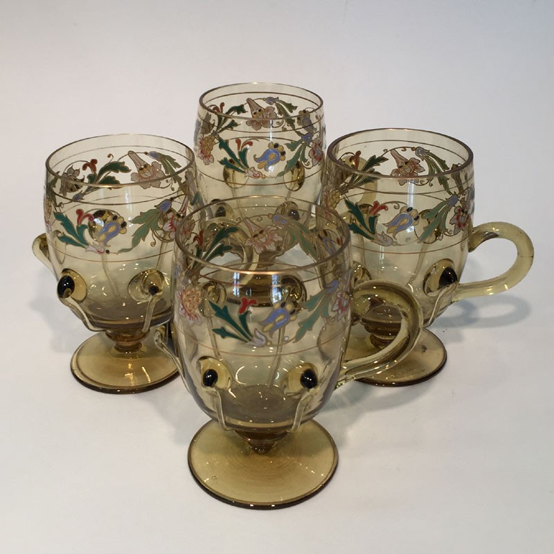 Moser Karlsbad Light Umber Glass Custard Cups enameled with flowers
