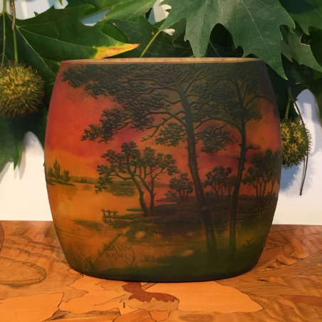 Daum Nancy Cameo Glass Landscape Sunset Scene Vase